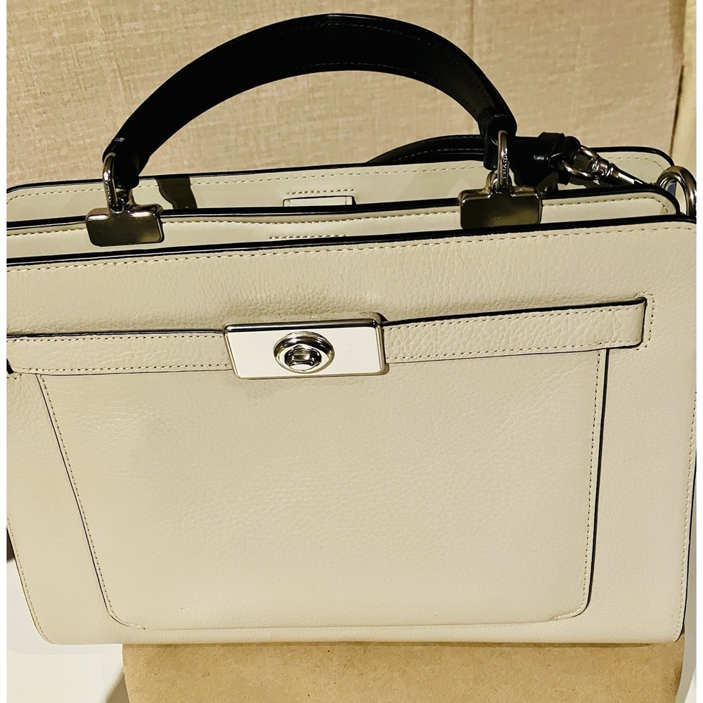 Coach Ivory Light Blue Pebbled Satchel Top Handle Bag Silver Hardware Turn Lock
